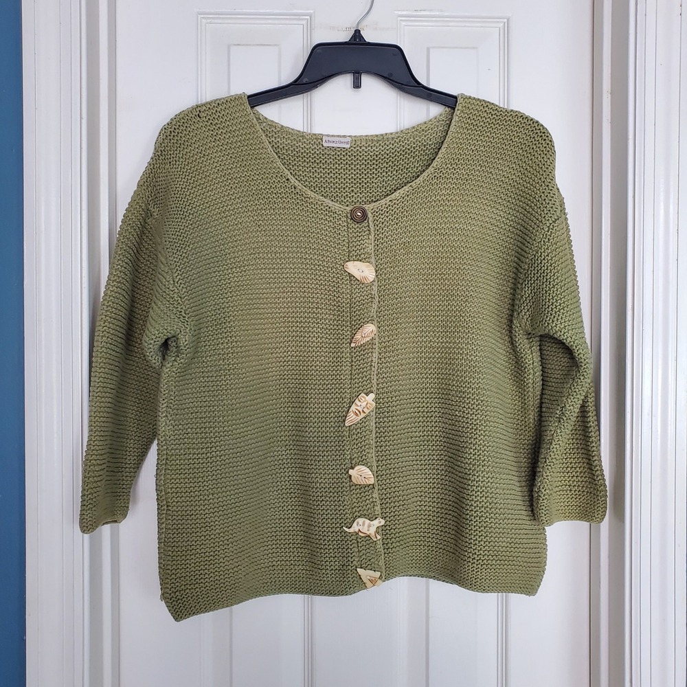 A People United Cardigan Sage Green Carved Buttons Earthy Versatile OS